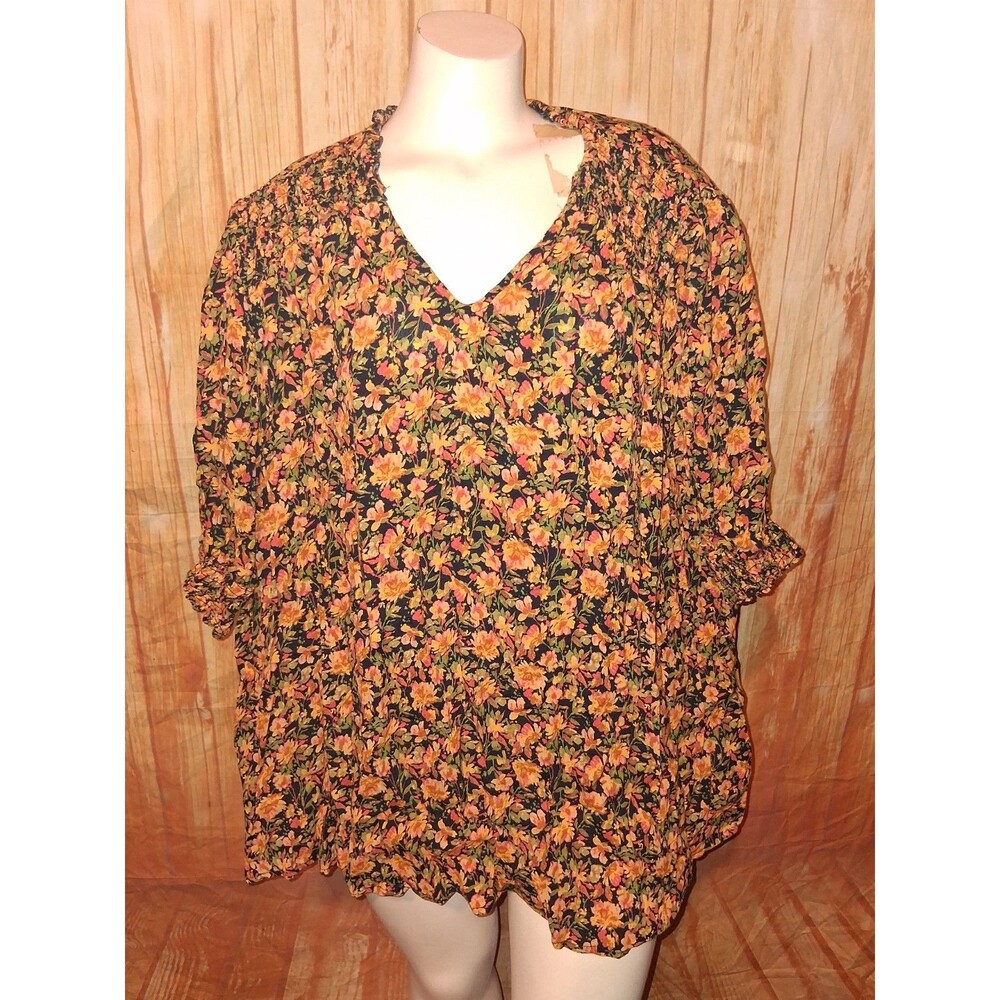Terra & Sky Multicolor Floral Short Sleeve V-neck Pullover Blouse Sz 3X